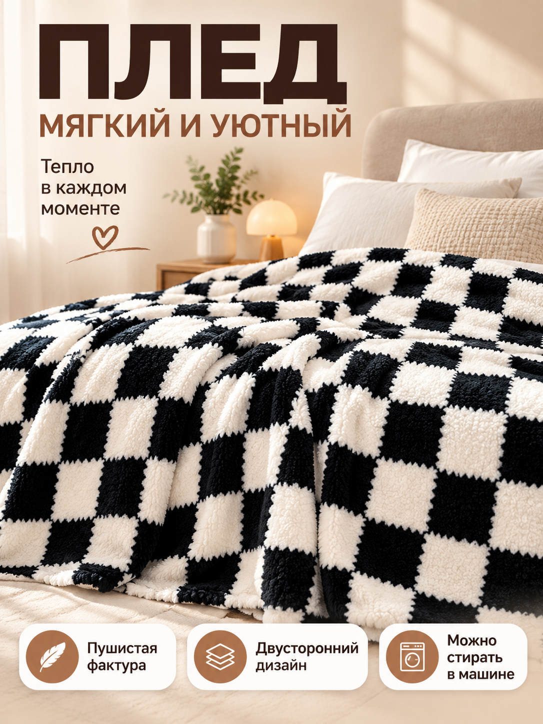 Soft fluffy double-sided plaid black and white blanket