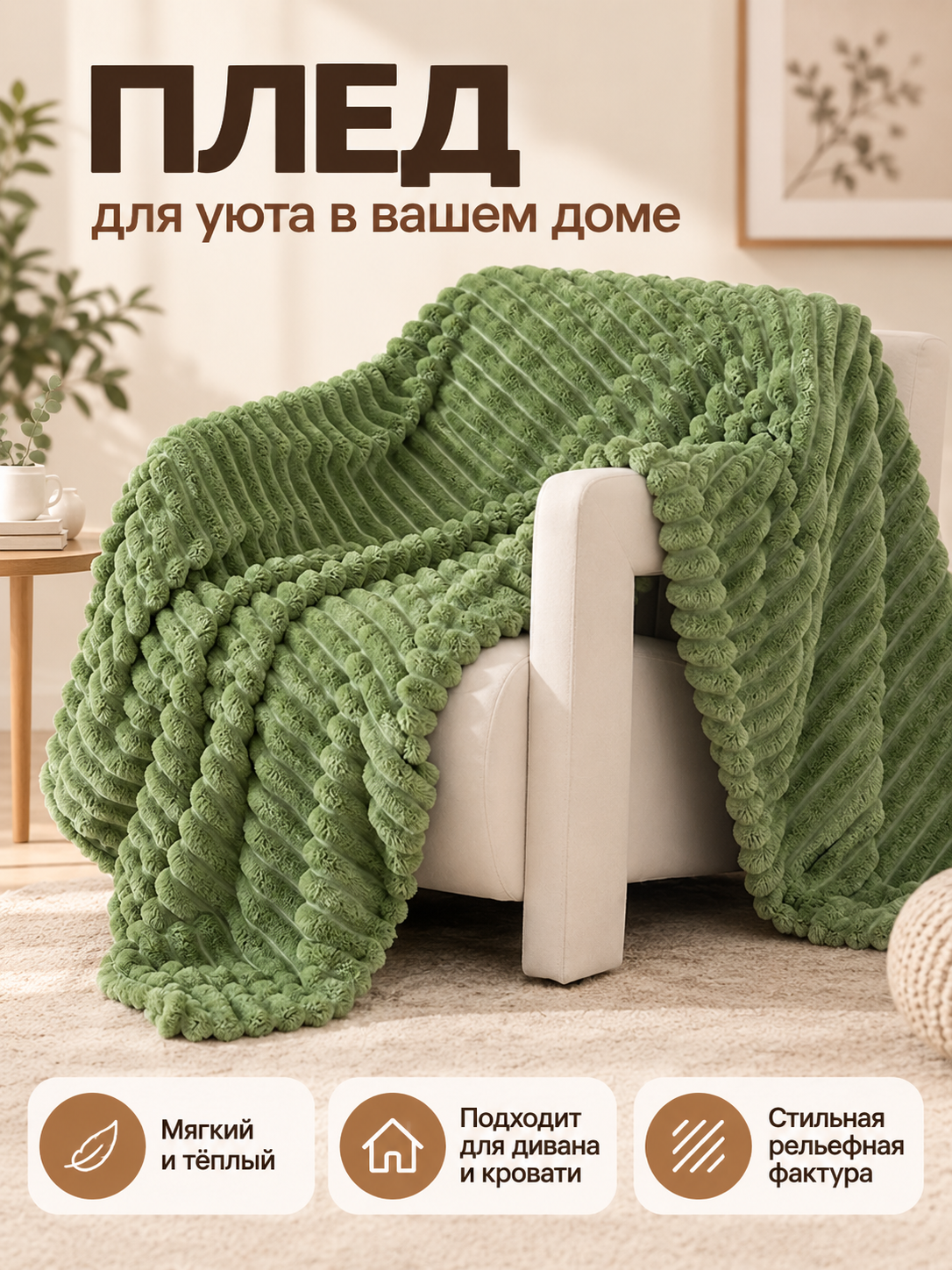 Green Coral Fleece Blanket with Textured Stripes