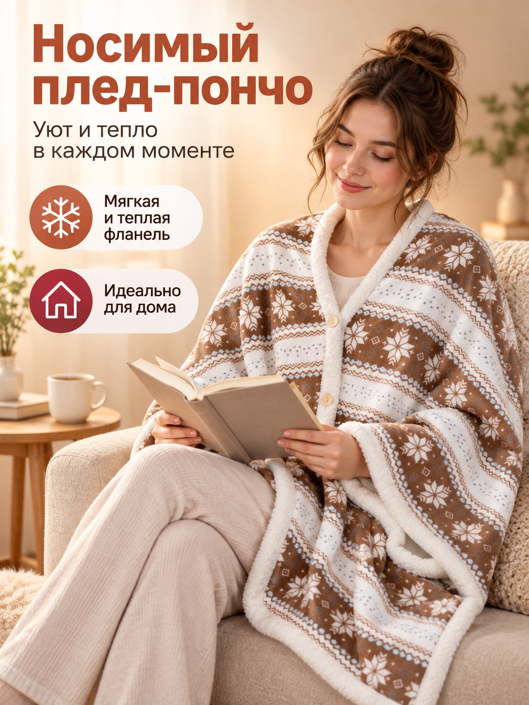 Wearable Blanket Poncho with Sleeves and Snowflake Pattern