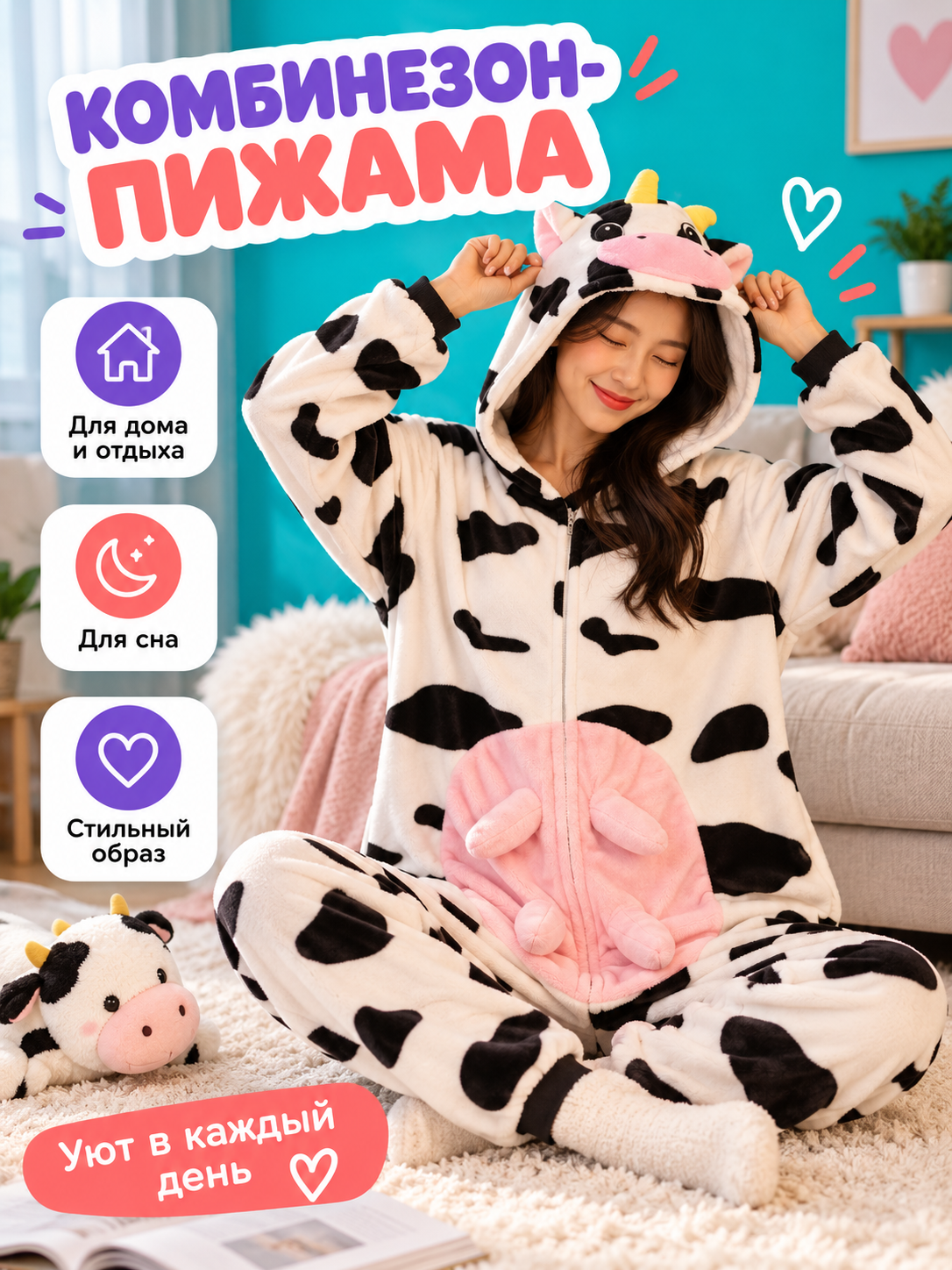 Flannel Pajama Jumpsuit with Cow Hood