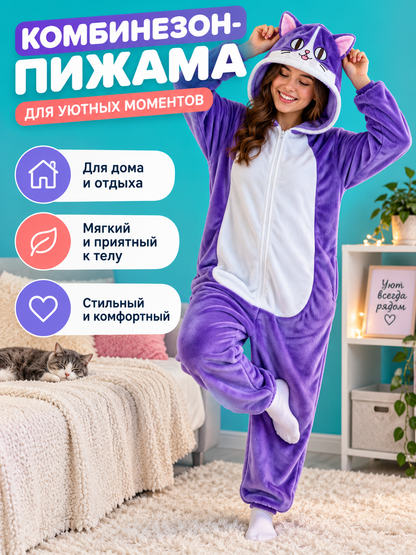 Purple Hooded Pajama Jumpsuit with Cat Ears