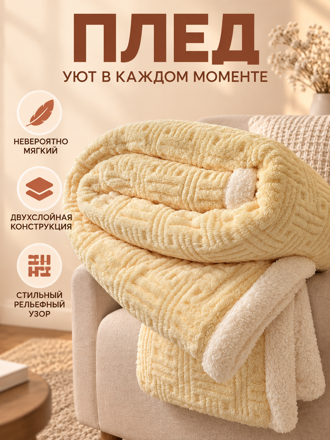 Cream Double-Layer Blanket with Geometric Pattern