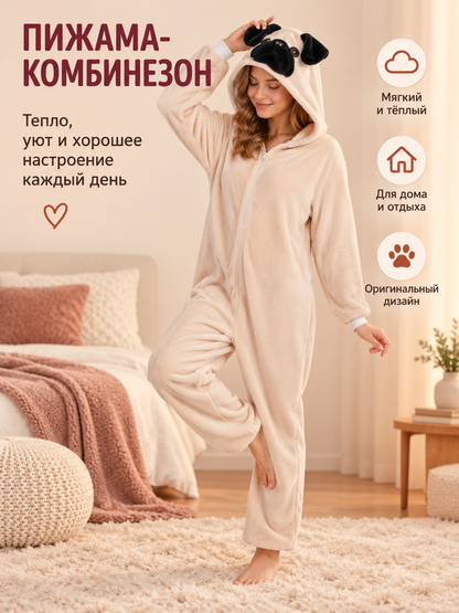 Flannel Pajama Jumpsuit with Hood and Pug Ears