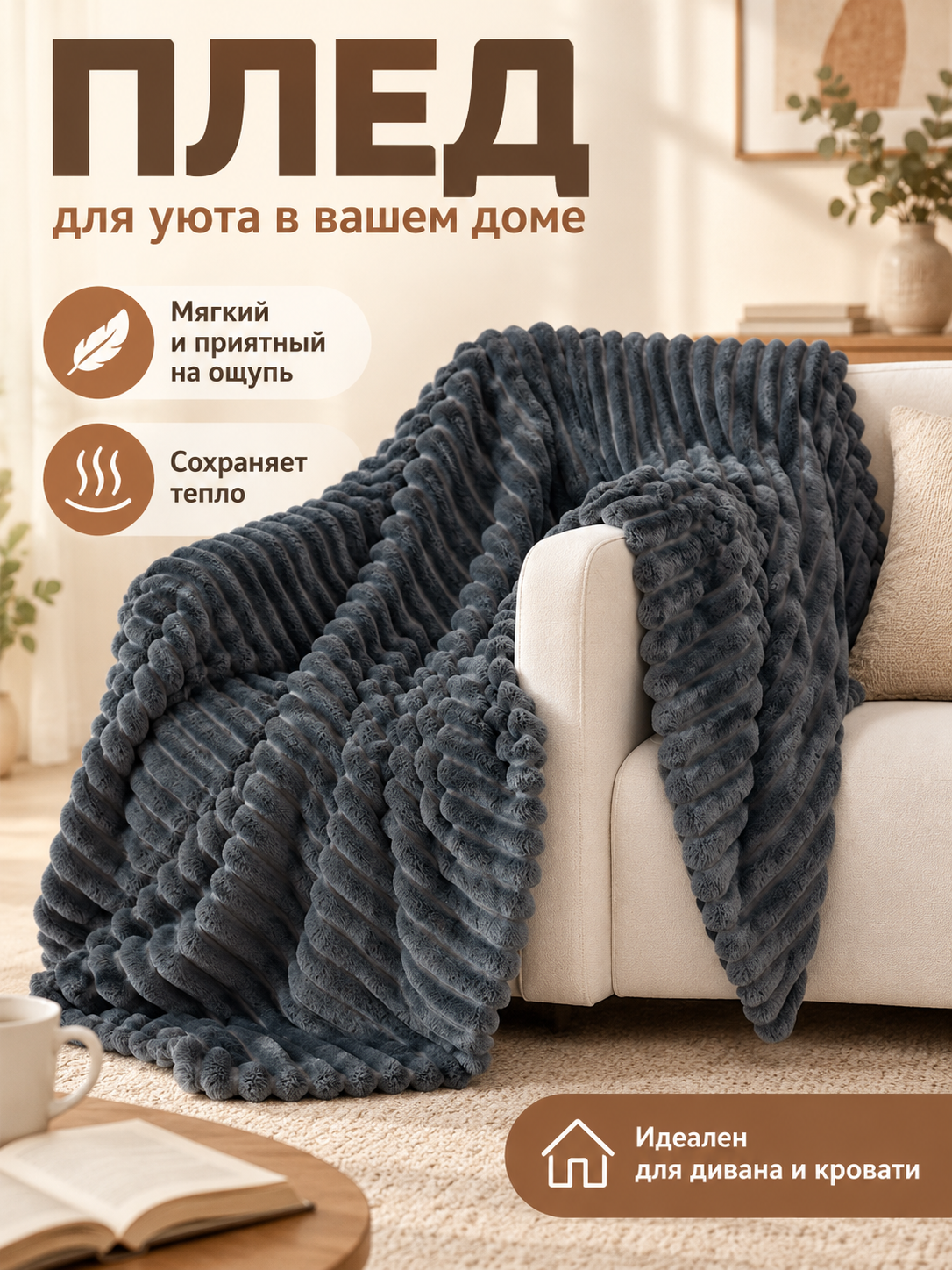 Dark Gray Plush Blanket with Stripes Made of Polyester