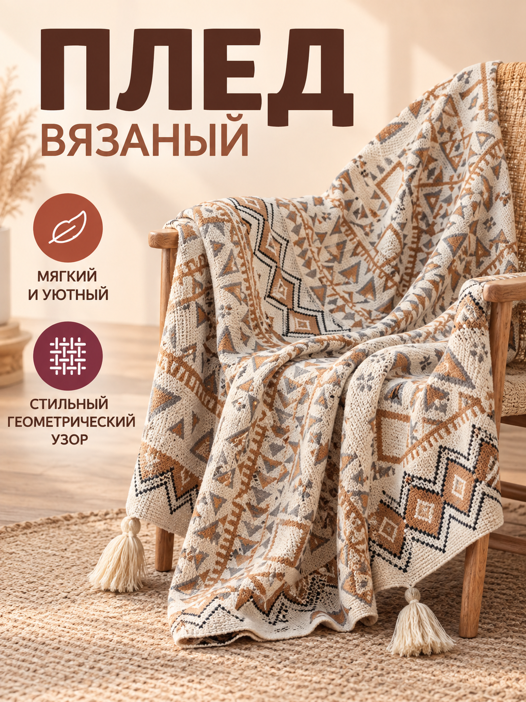 Knitted Throw Blanket with Geometric Pattern and Fringe