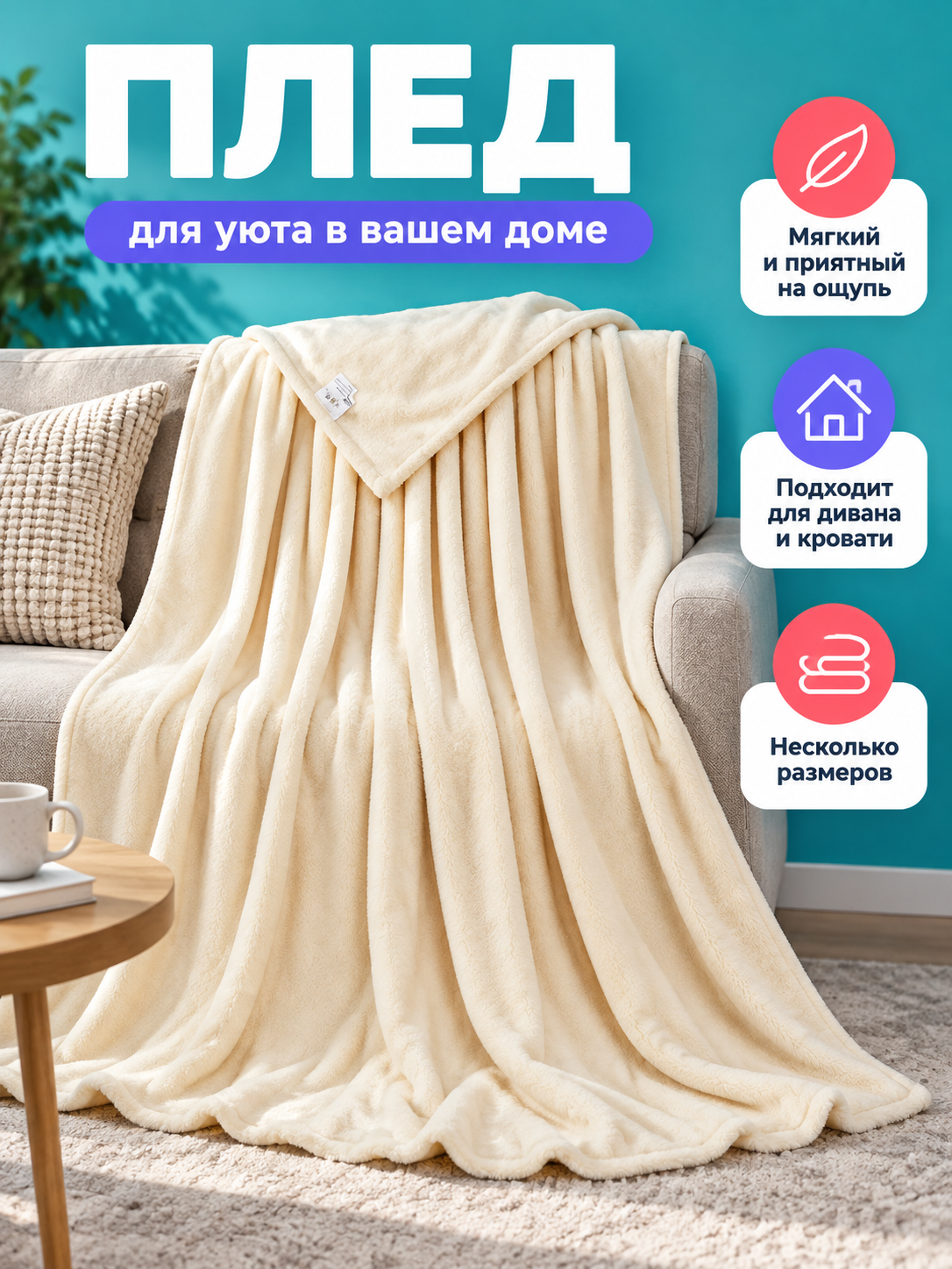 Cream Blanket Made of Polyester and Coral Fleece