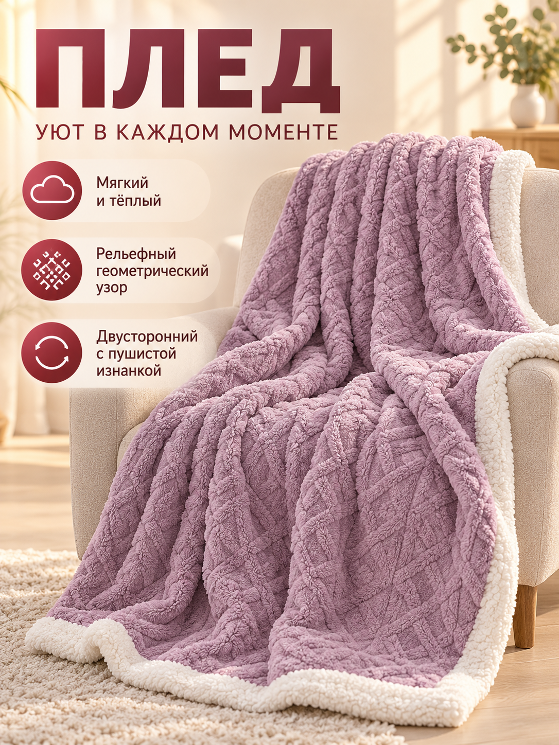 Lilac Reversible Fleece Blanket with Geometric Pattern