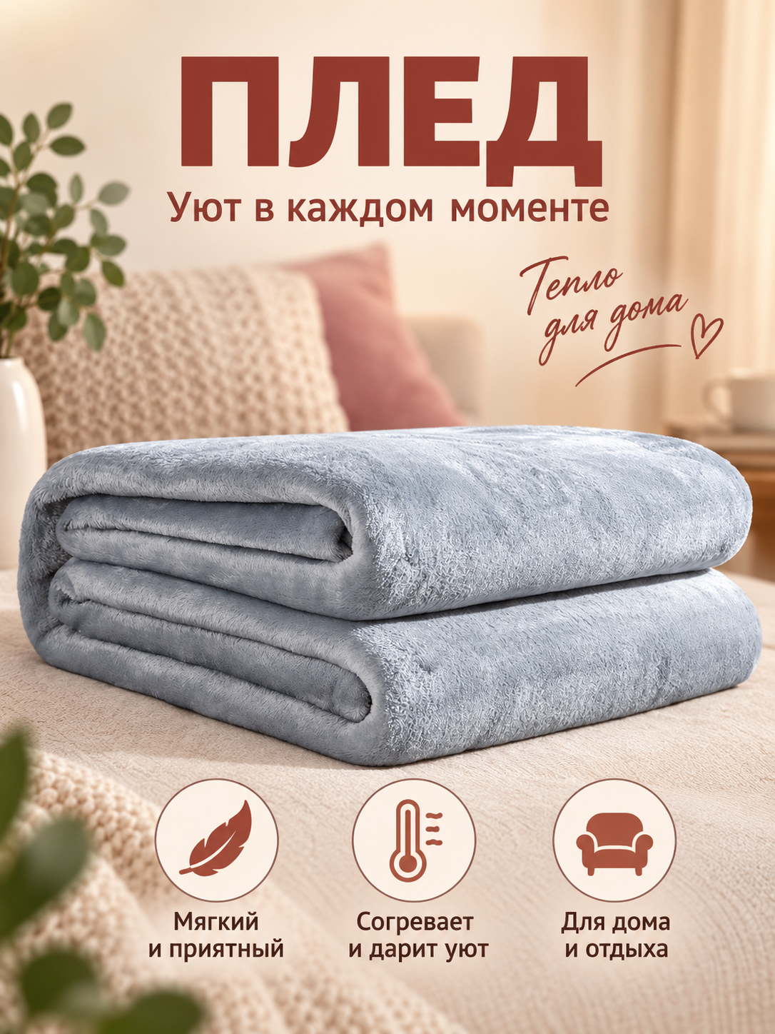 Light gray plush polyester blanket with a folded edge