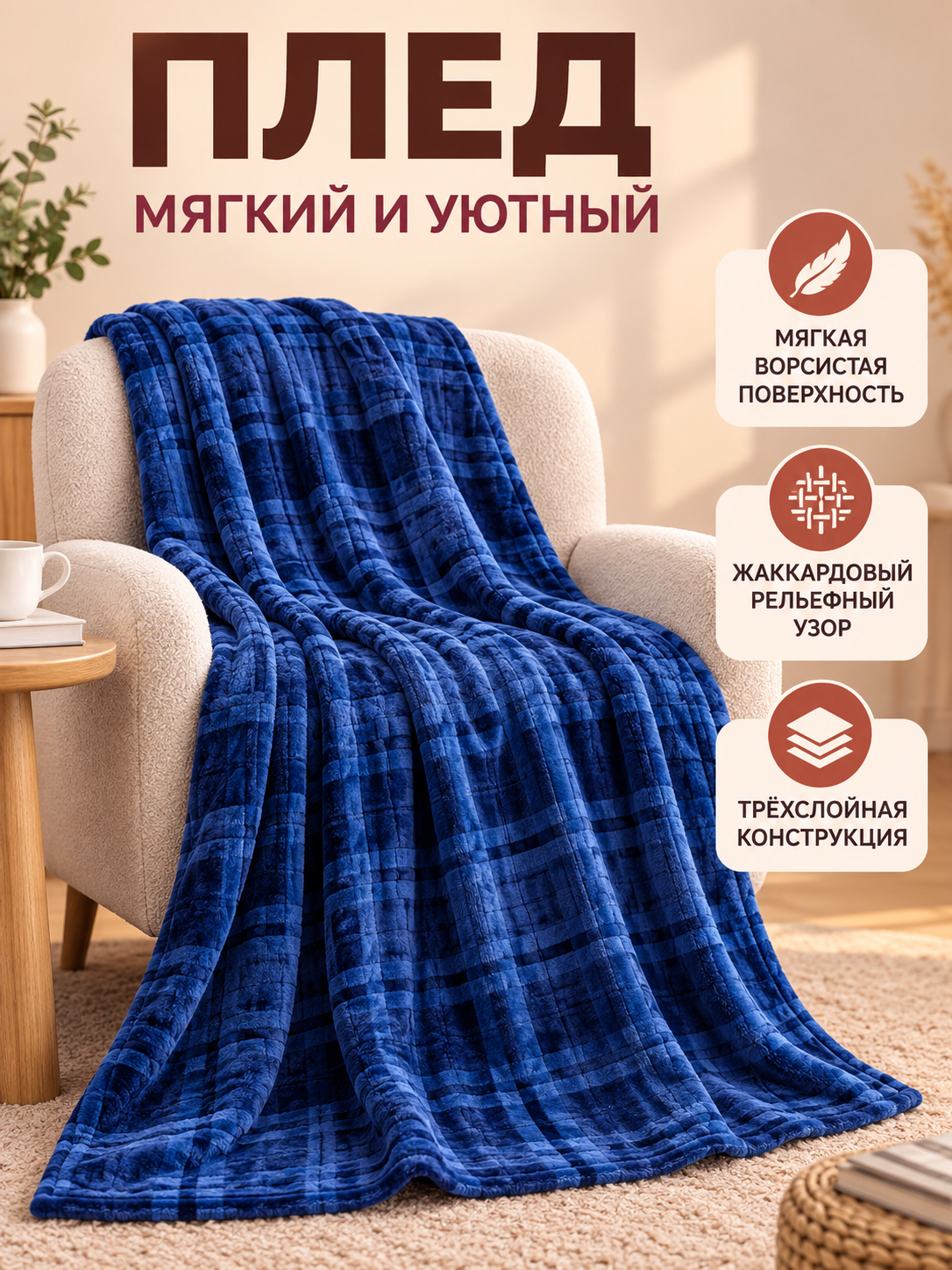 Blue Fuzzy Plaid Three-Layer Polyester Blanket