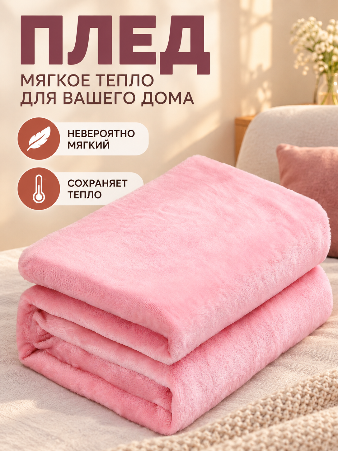 Light Pink Polyester Throw Blanket with Soft Pile