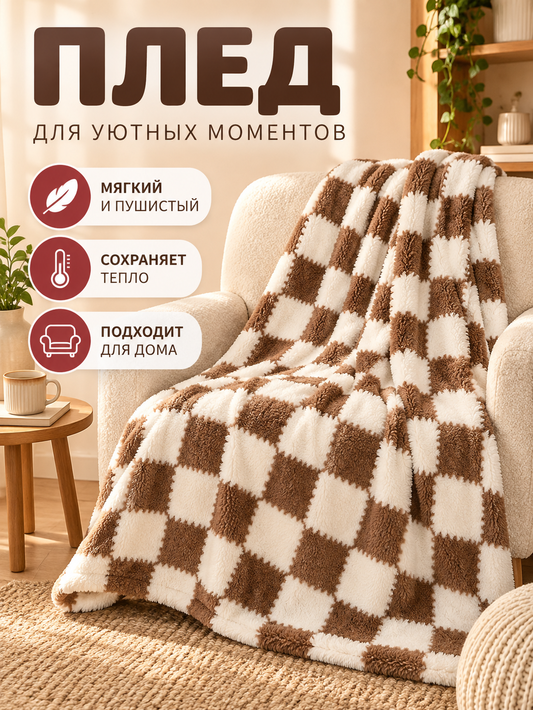 Reversible Velvet Plaid Brown and White Checkered Blanket