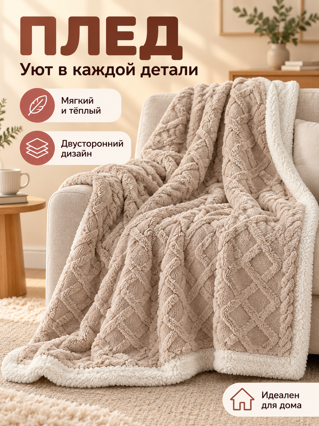 Reversible Beige Coral Fleece Blanket with Diamonds
