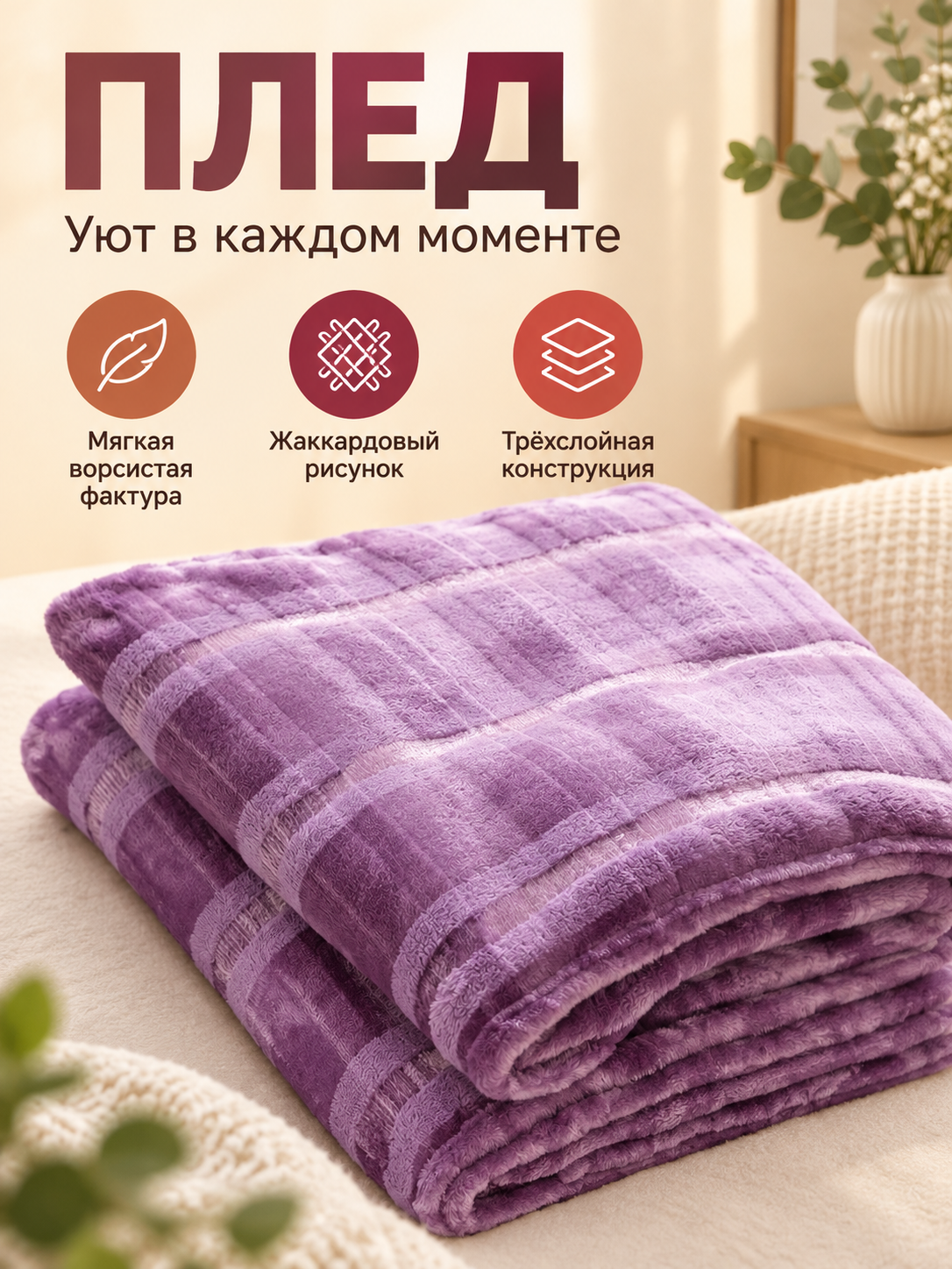 Purple polyester jacquard three-layer blanket