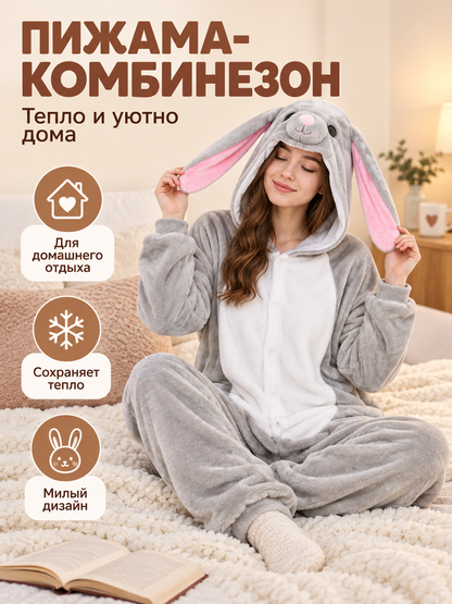 Gray Flannel Hooded Pajama Jumpsuit with Ears