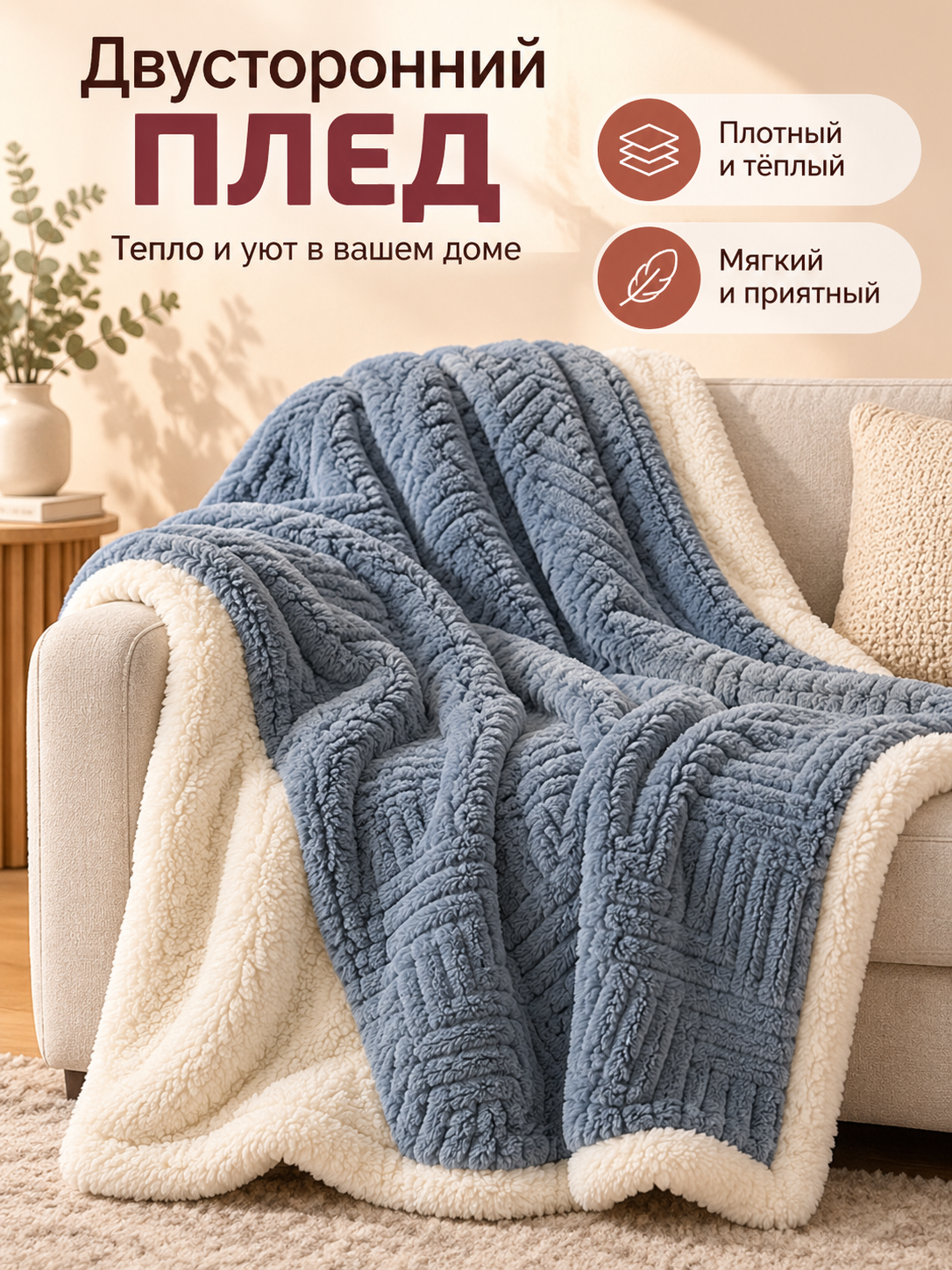 Reversible gray-blue blanket with cream trim