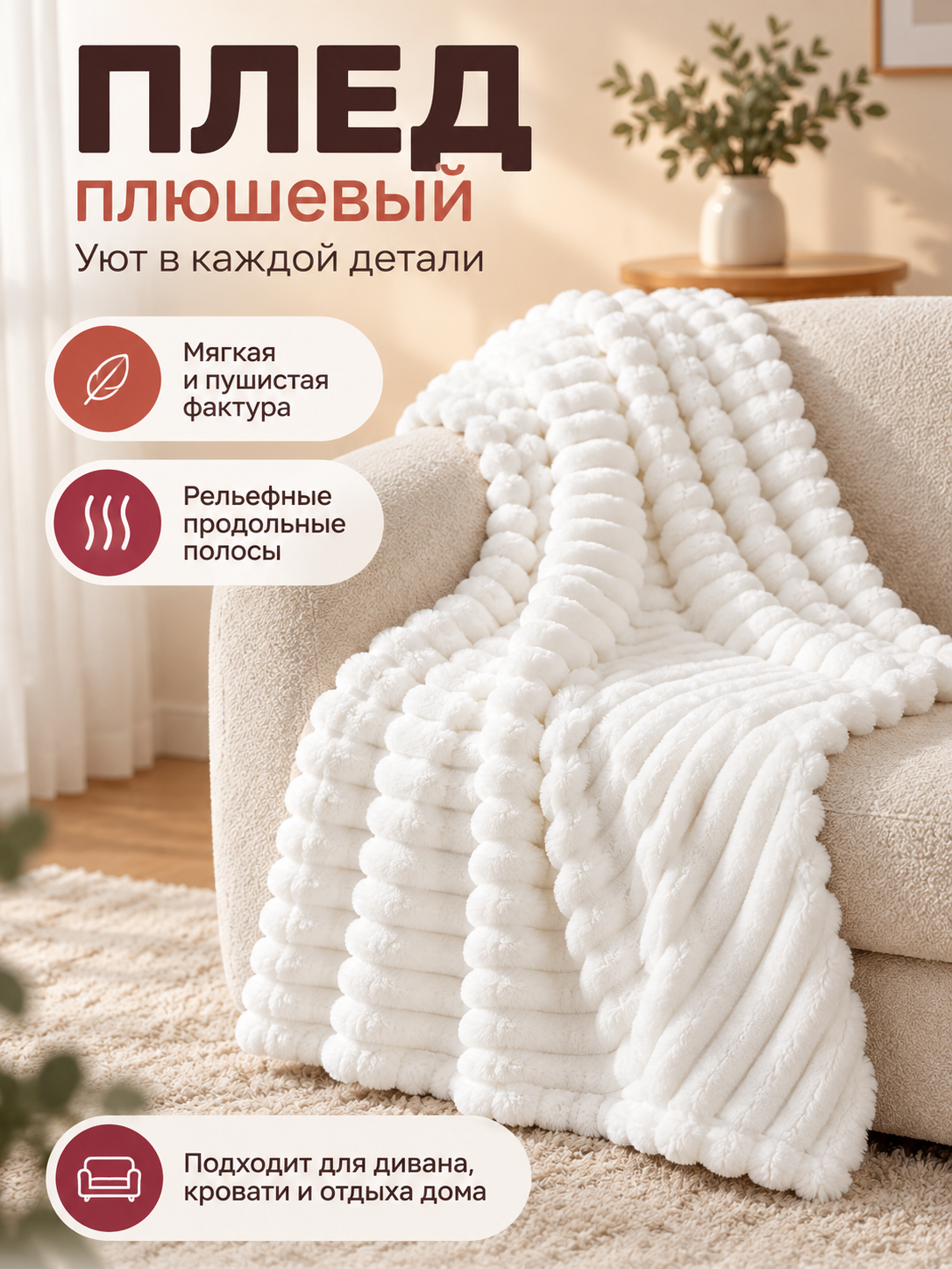 White Plush Blanket with Raised Stripes
