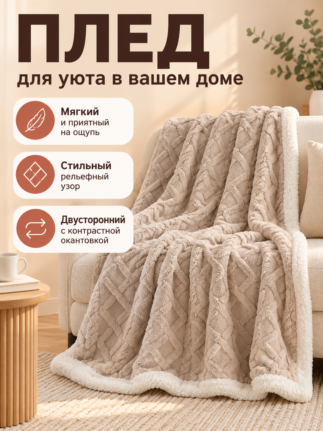 Reversible Beige Coral Fleece Blanket with Diamonds