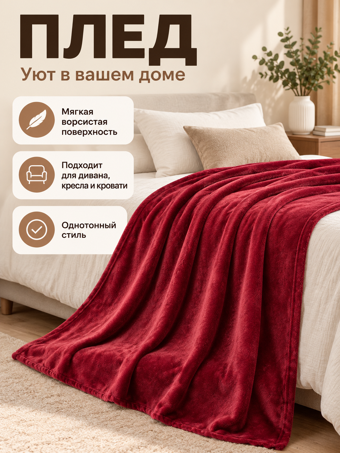 Burgundy Solid Color Blanket with a Furry Surface