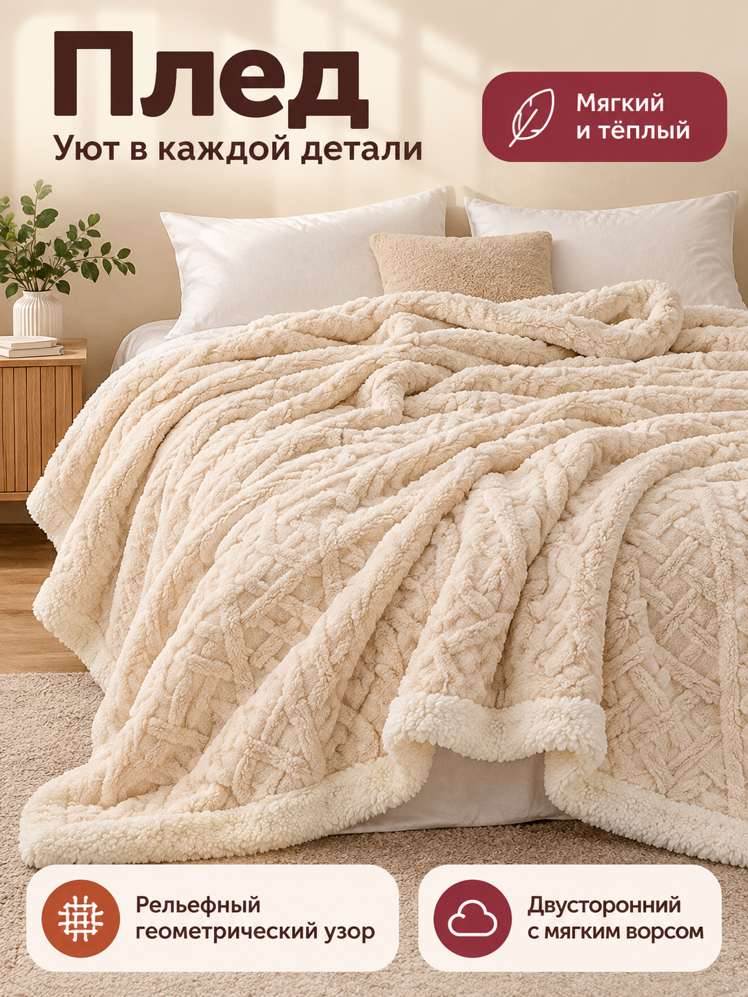 Reversible Cream Coral Fleece Blanket