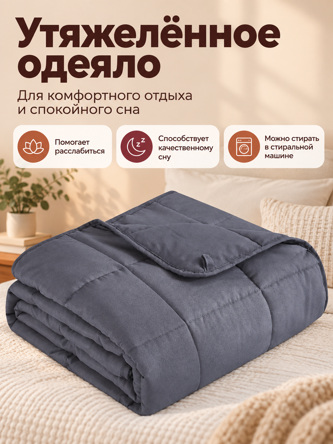 Soft Light Gray Weighted Blanket with Large Quilting