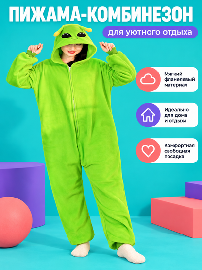 Bright Green Hooded Zip-Up Pajama Jumpsuit