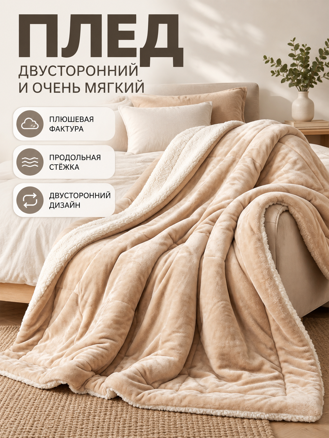 Soft Double-Sided Sheep Plush Blanket Light Beige