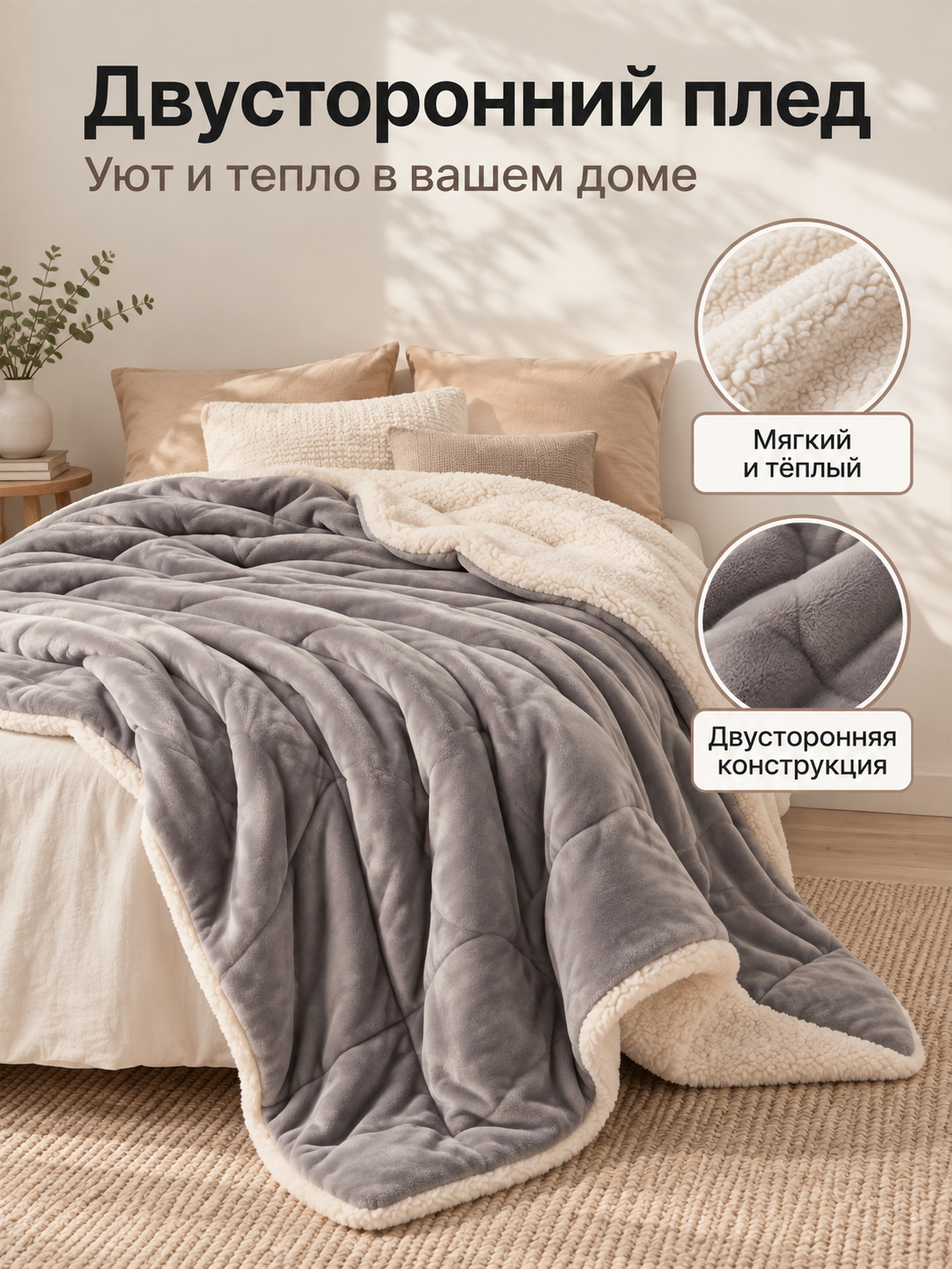 Reversible gray sherpa and cream fleece blanket