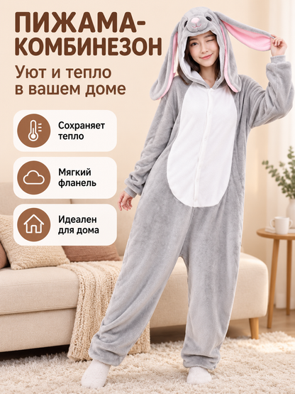 Gray Flannel Hooded Pajama Jumpsuit with Ears