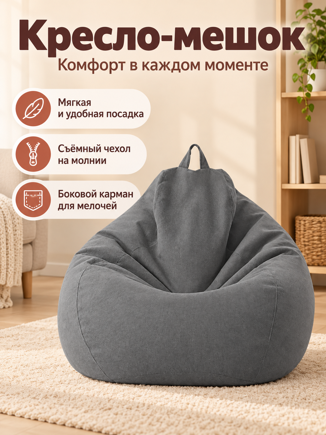 Gray bean bag chair with handle and side pocket