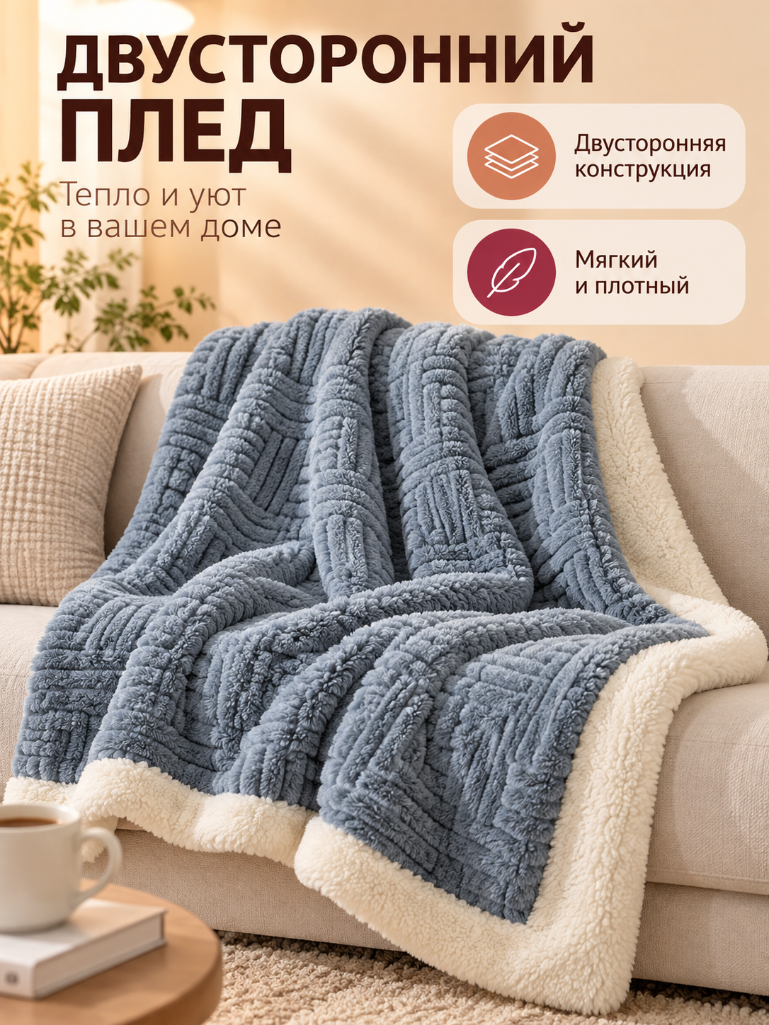 Reversible gray-blue blanket with cream trim