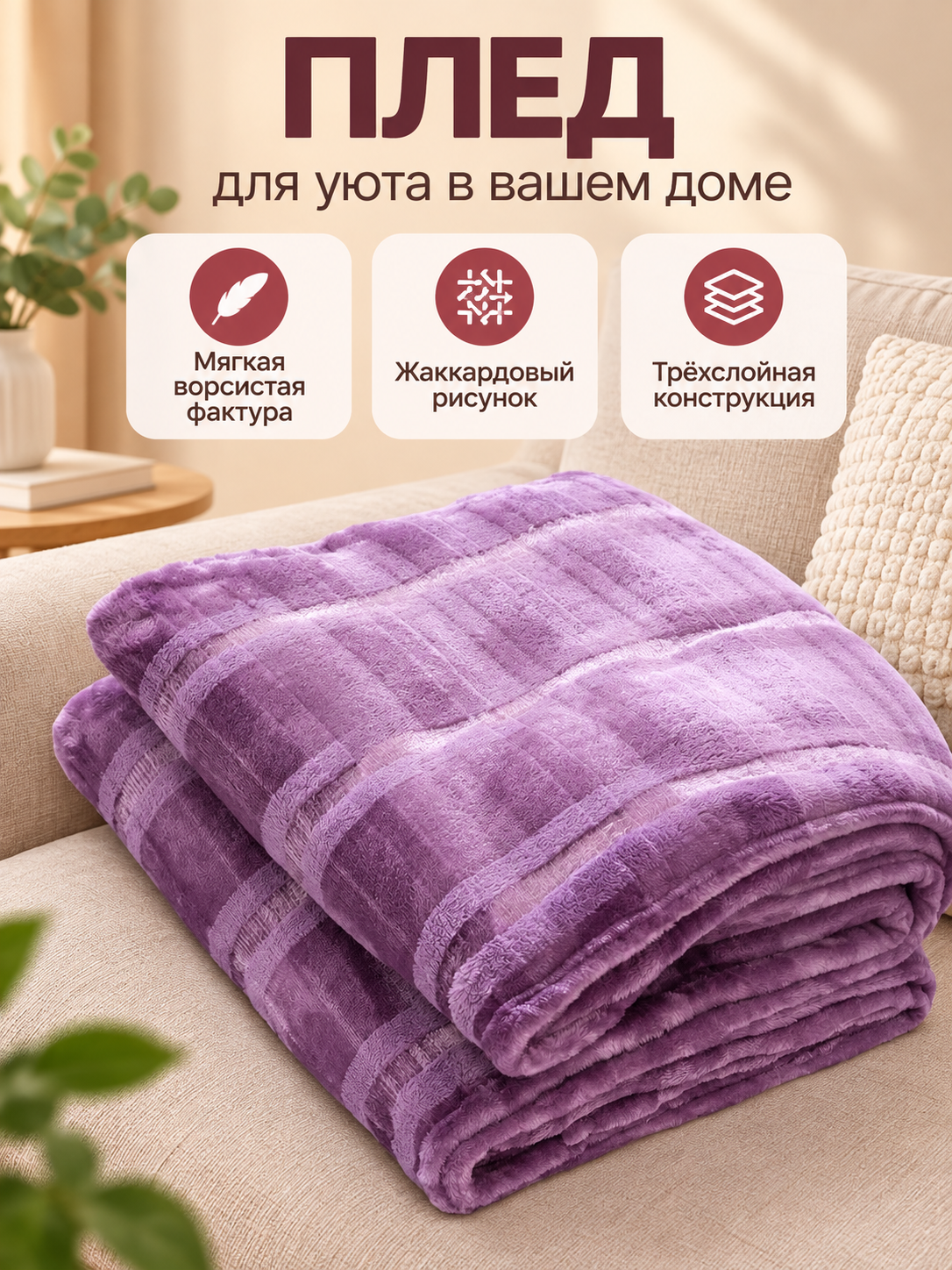 Purple polyester jacquard three-layer blanket