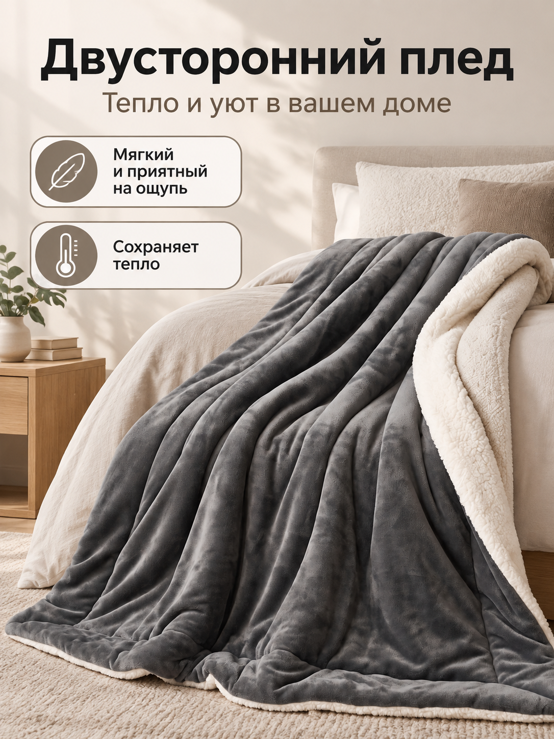 Double-Sided Sherpa and Fleece Blanket, Dark Gray
