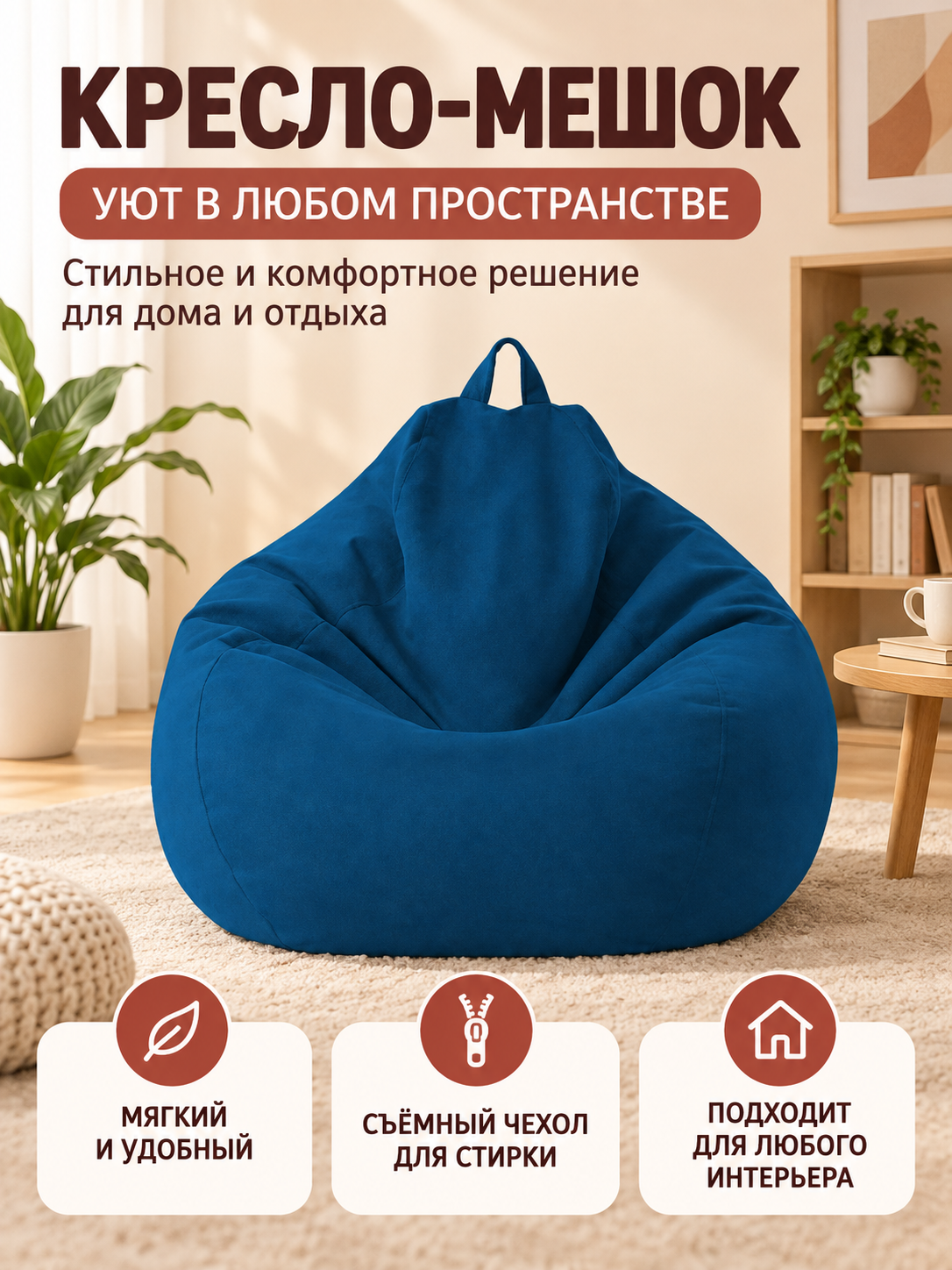 Blue Matte Beanbag Chair with Handle and Removable Cover