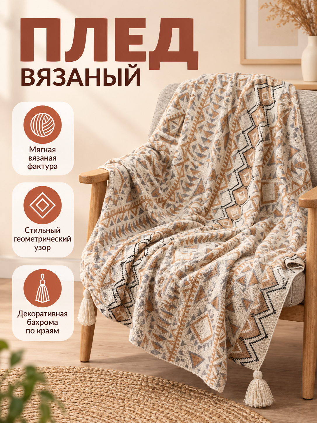 Knitted Throw Blanket with Geometric Pattern and Fringe
