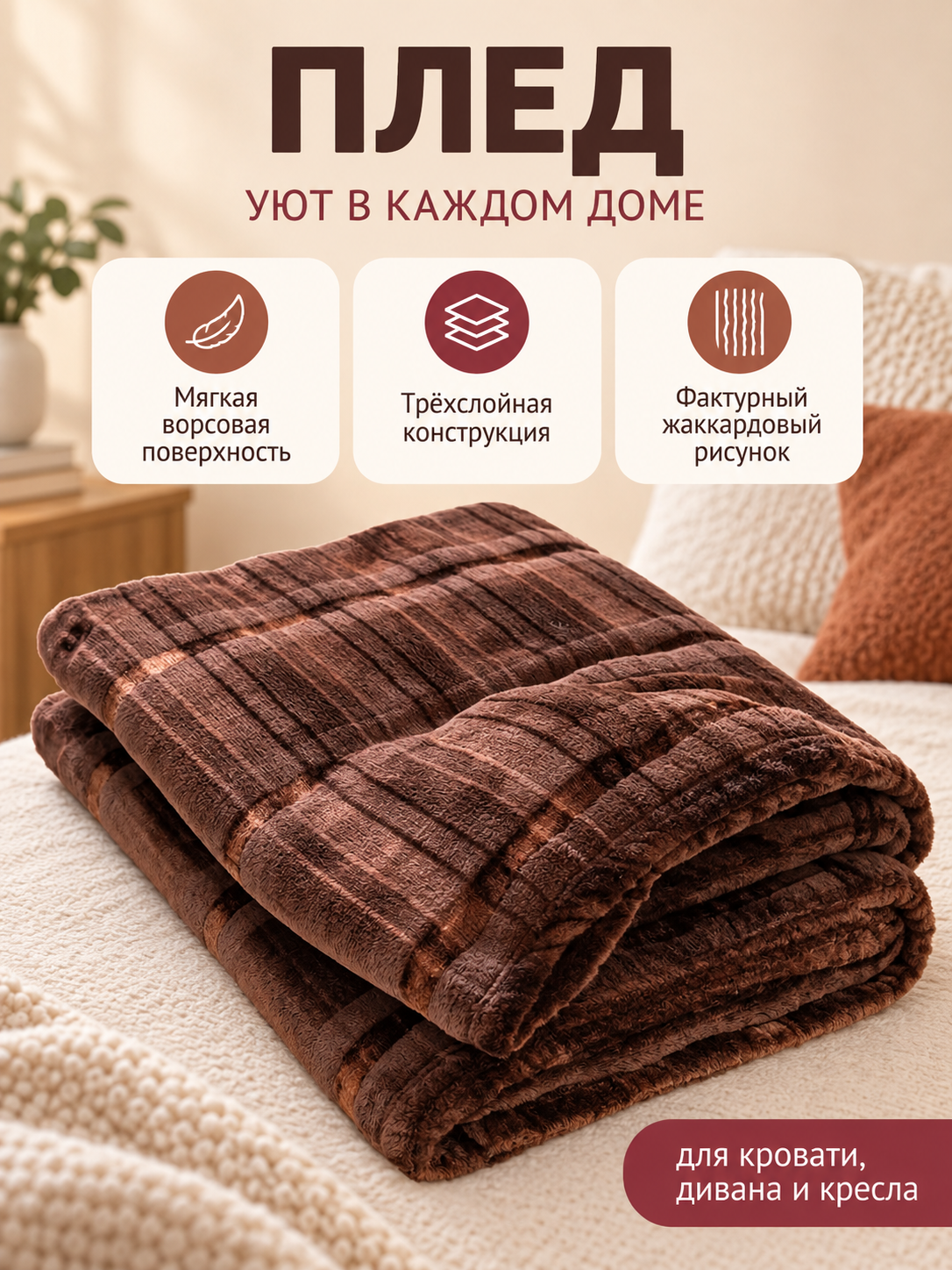 Brown Fleece Throw Blanket with Striped Jacquard Pattern