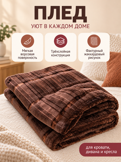 Brown Fleece Throw Blanket with Striped Jacquard Pattern