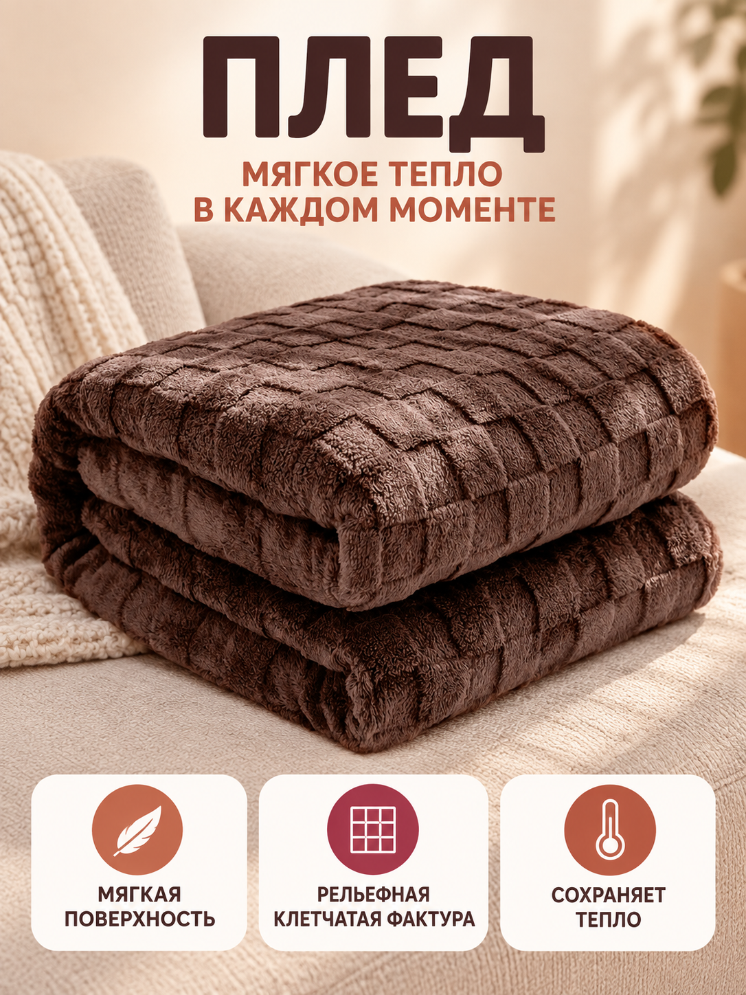 Brown Polyester Blanket with Textured Checkered Pattern