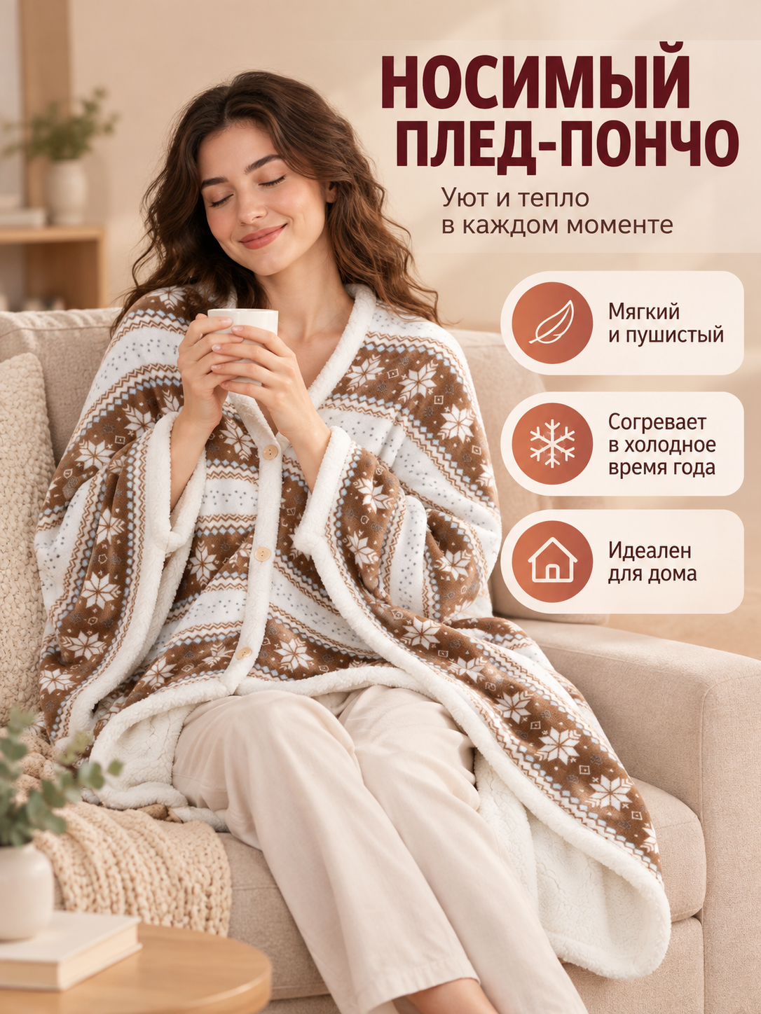 Wearable Blanket Poncho with Sleeves and Snowflake Pattern