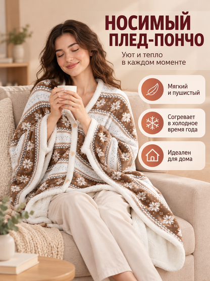 Wearable Blanket Poncho with Sleeves and Snowflake Pattern