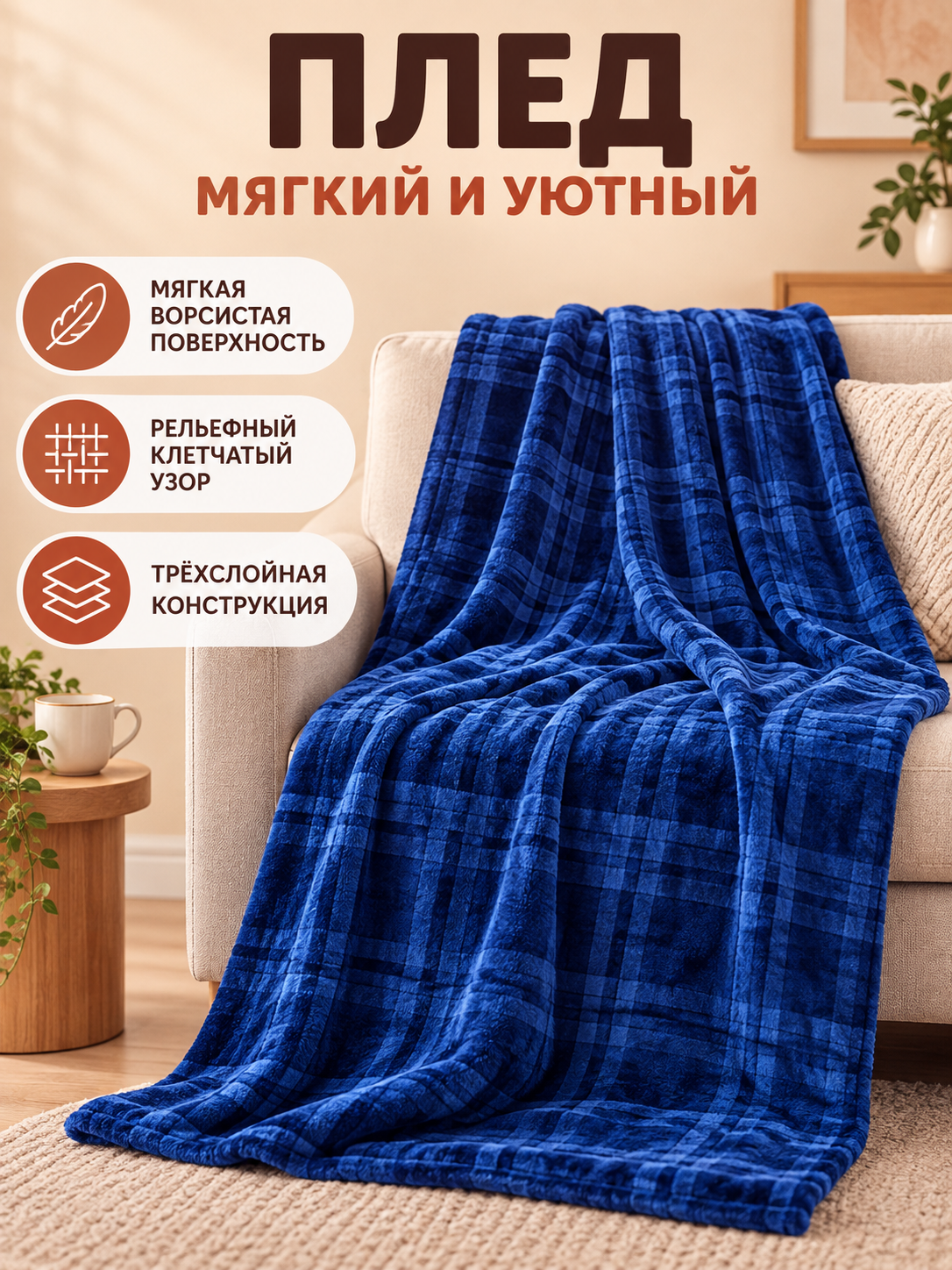 Blue Fuzzy Plaid Three-Layer Polyester Blanket