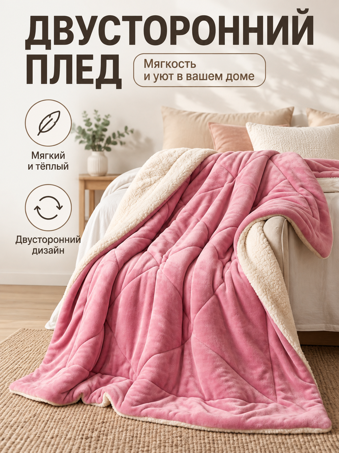 Reversible Pink Blanket with Sheep Fur and Milky Plush