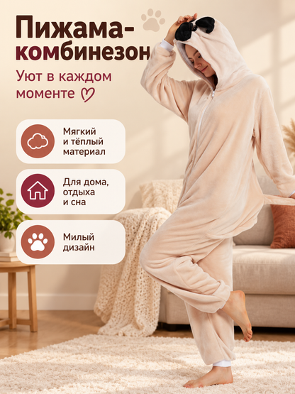 Flannel Pajama Jumpsuit with Hood and Pug Ears