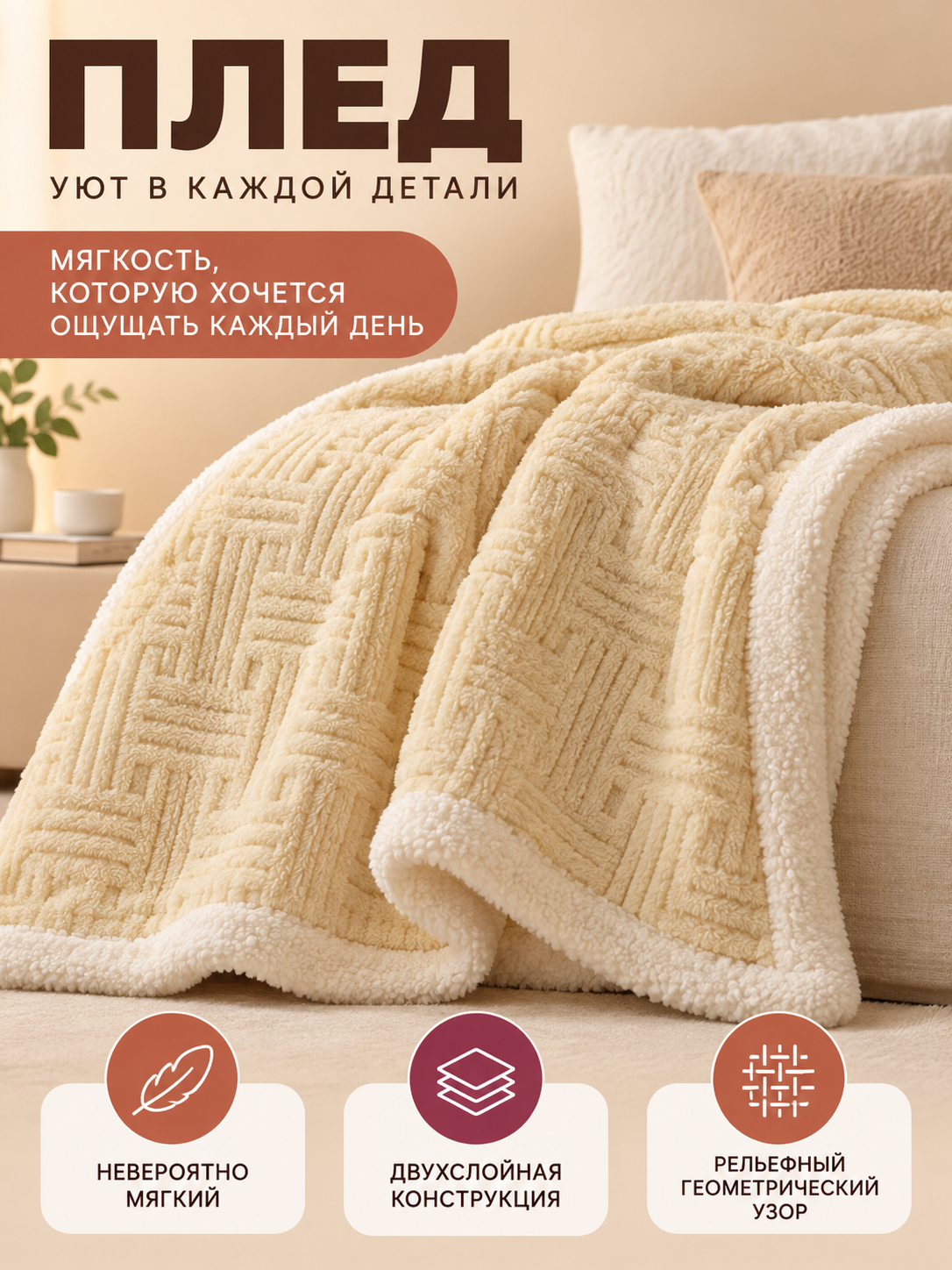 Cream Double-Layer Blanket with Geometric Pattern