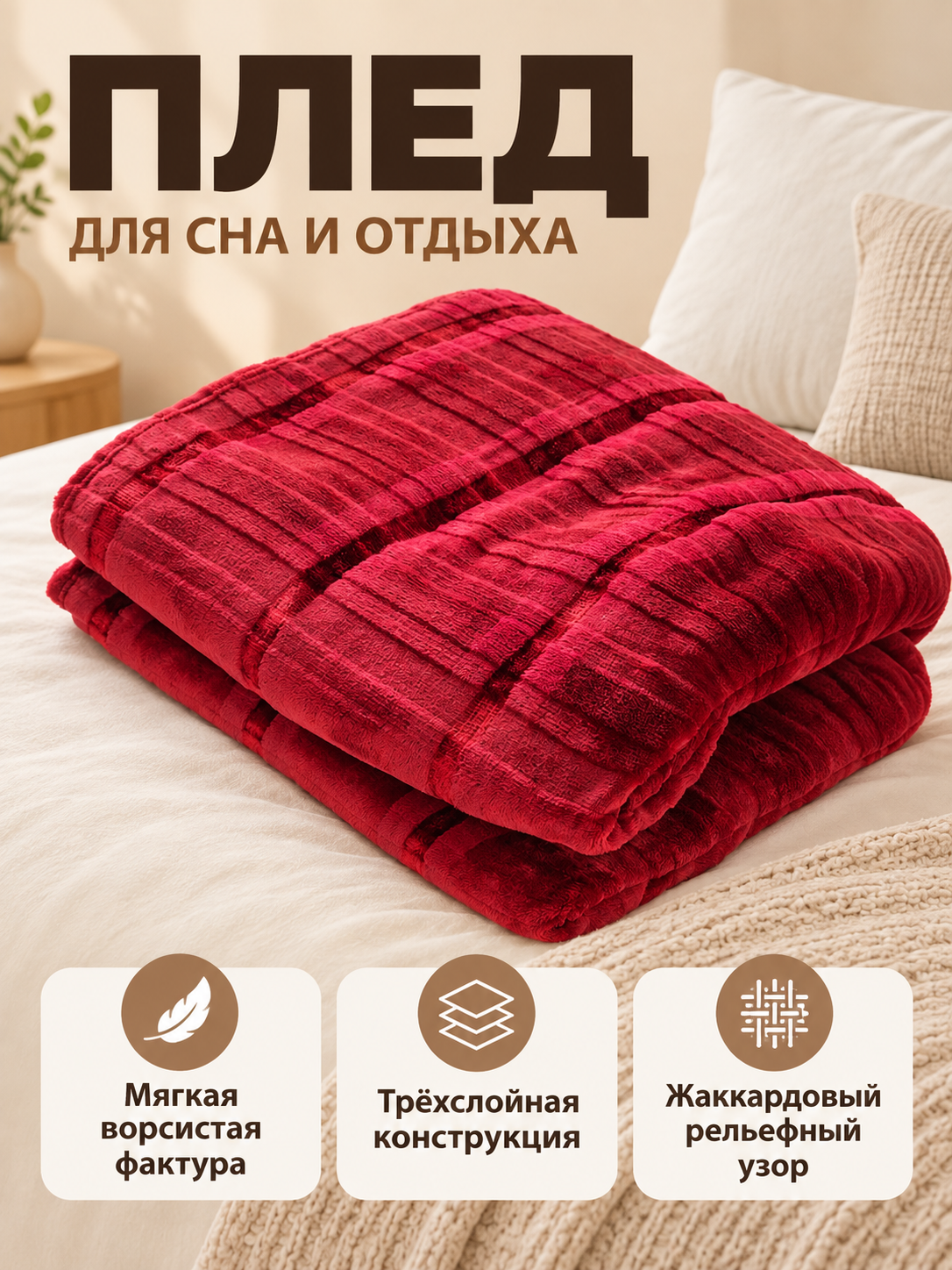 Burgundy-Red Fuzzy Jacquard Three-Layer Blanket
