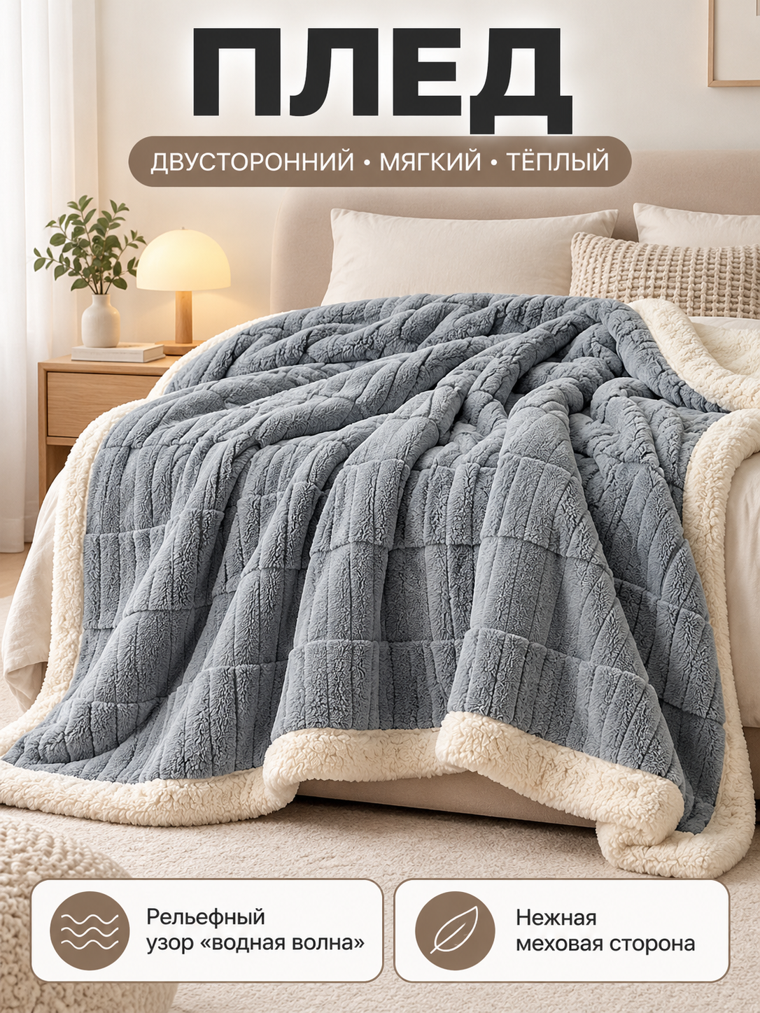 Reversible Gray-Blue Milk Velvet Throw Blanket