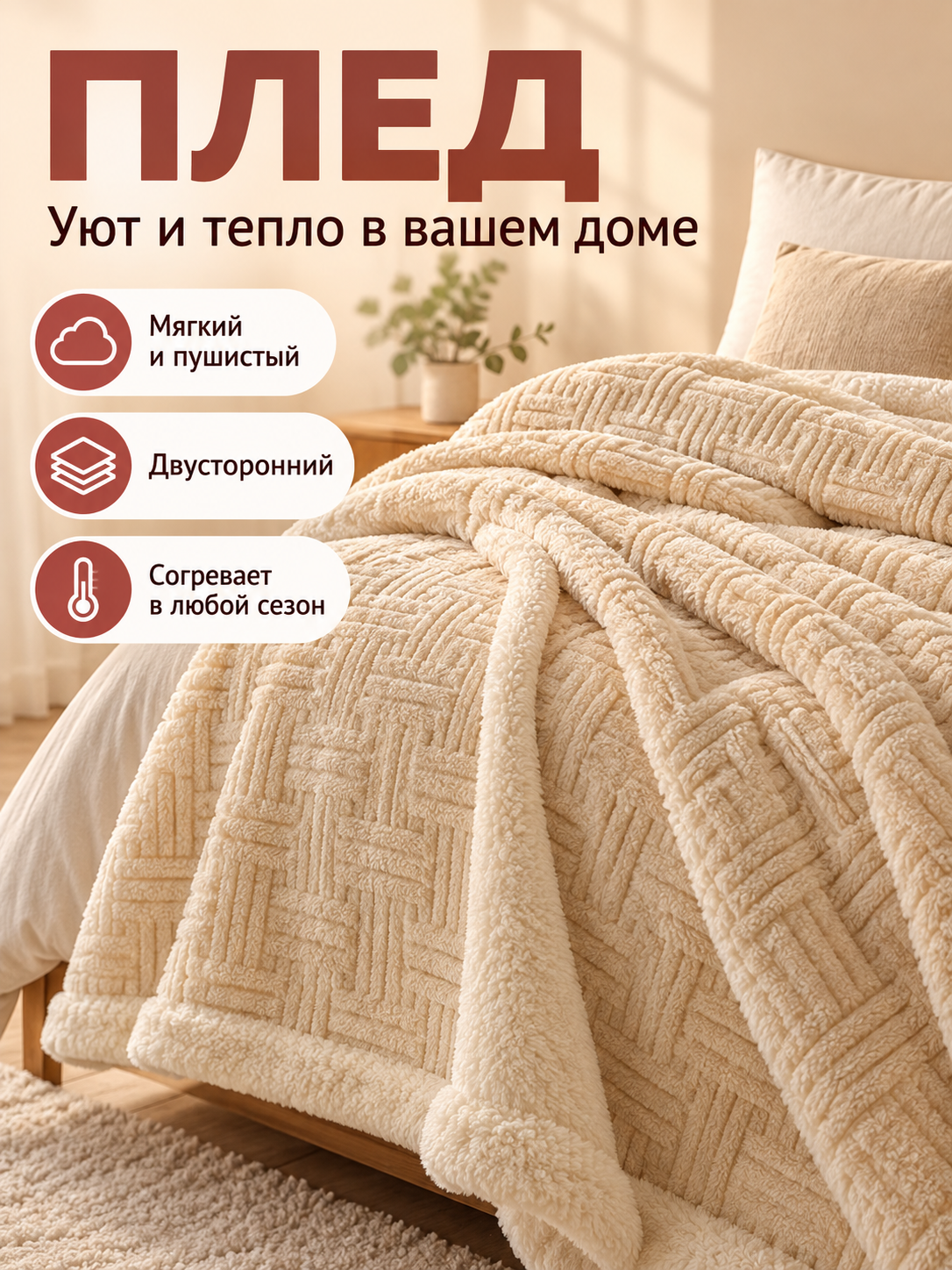 Thickened Reversible Coral Fleece Blanket Cream