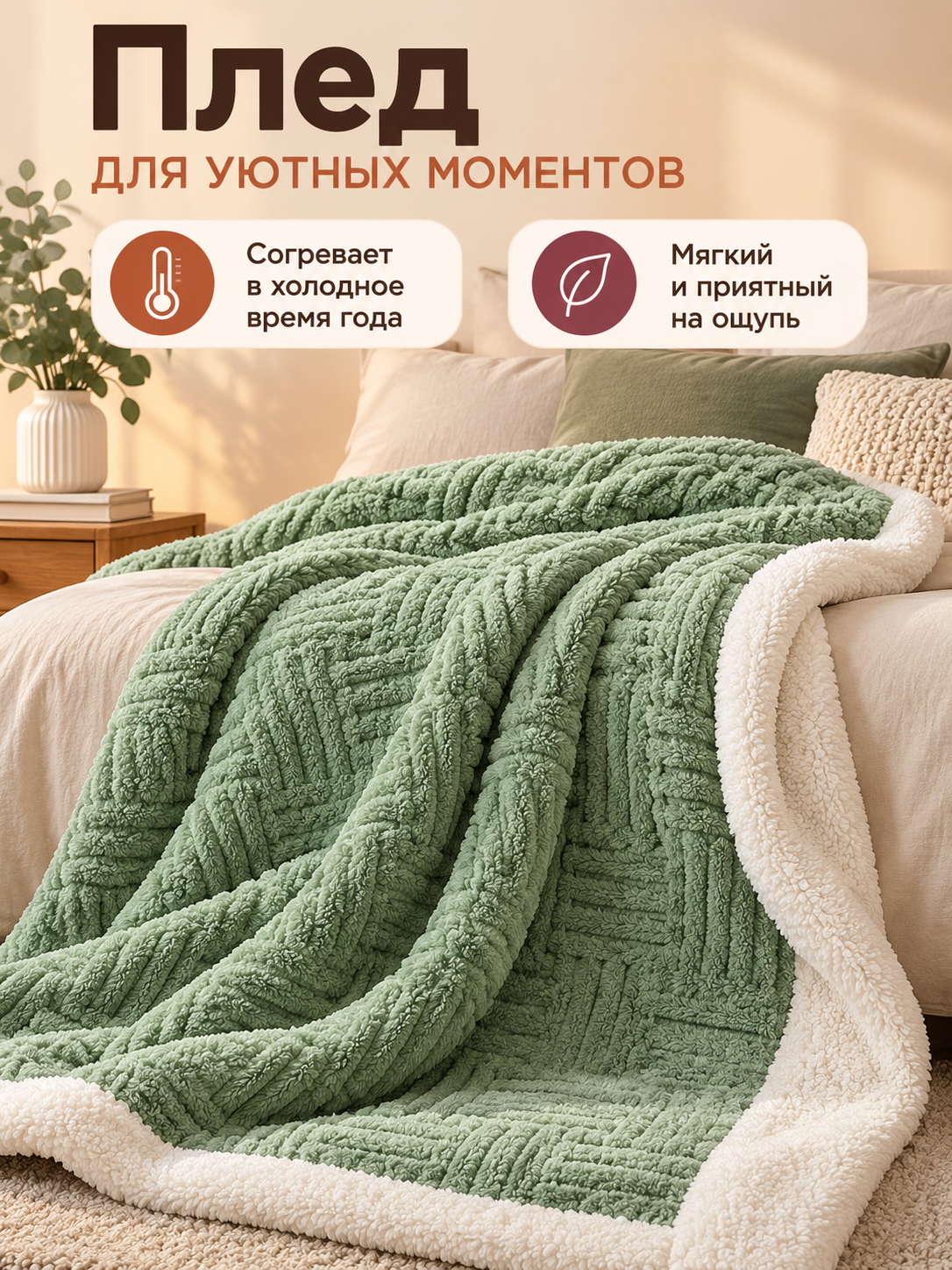 Double-Sided Thick Blanket with Geometric Pattern, Green