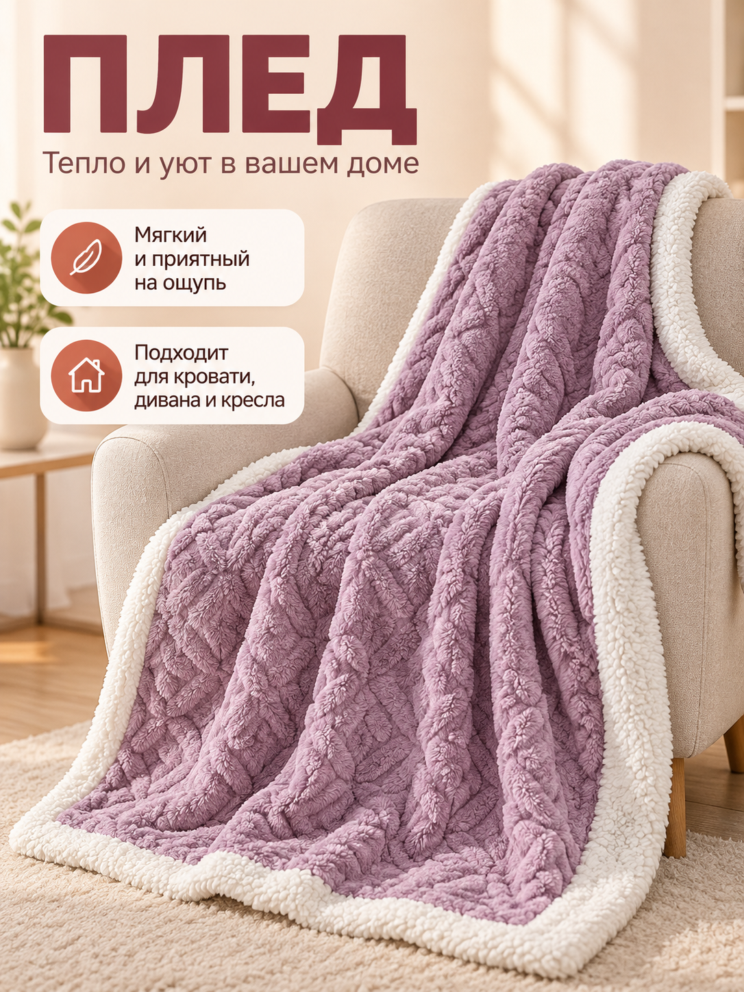 Lilac Reversible Fleece Blanket with Geometric Pattern