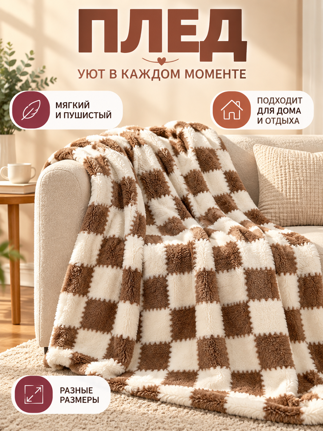 Reversible Velvet Plaid Brown and White Checkered Blanket