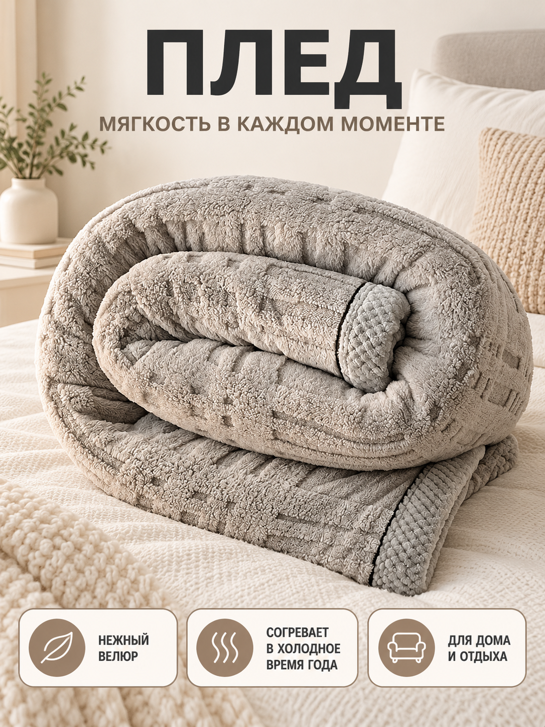 Gray Milk Velvet Blanket with Textured Pattern